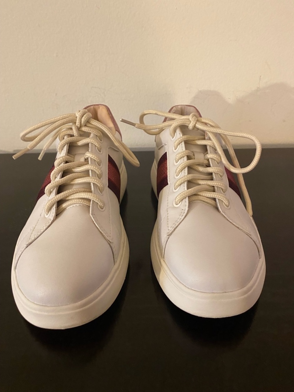Kate Spade White Leather Sneakers with Pink & Burgundy Stripes - Picture 6 of 11